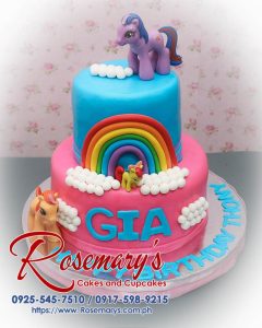 Delicious 2 layer My Little Pony cake by Rosemary's Cakes featuring vibrant blue and pink colors. Contact: 0925-545-7510.