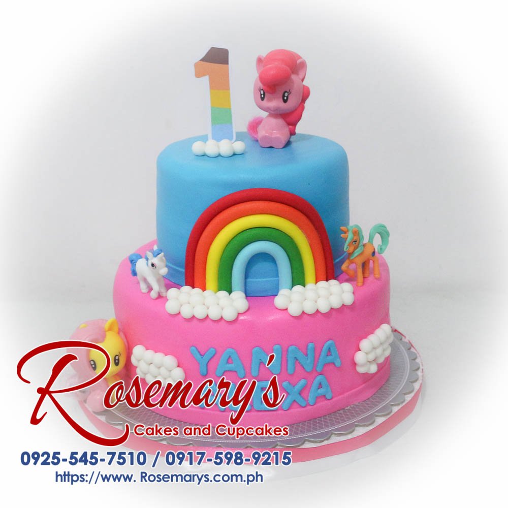 2 Layer My Little Pony Cake for Yanna Alexa Delicious 2-tier blue and pink My Little Pony cake with a rainbow design. Order your custom cake from Rosemary's Cakes! Call 0917-598-9215.