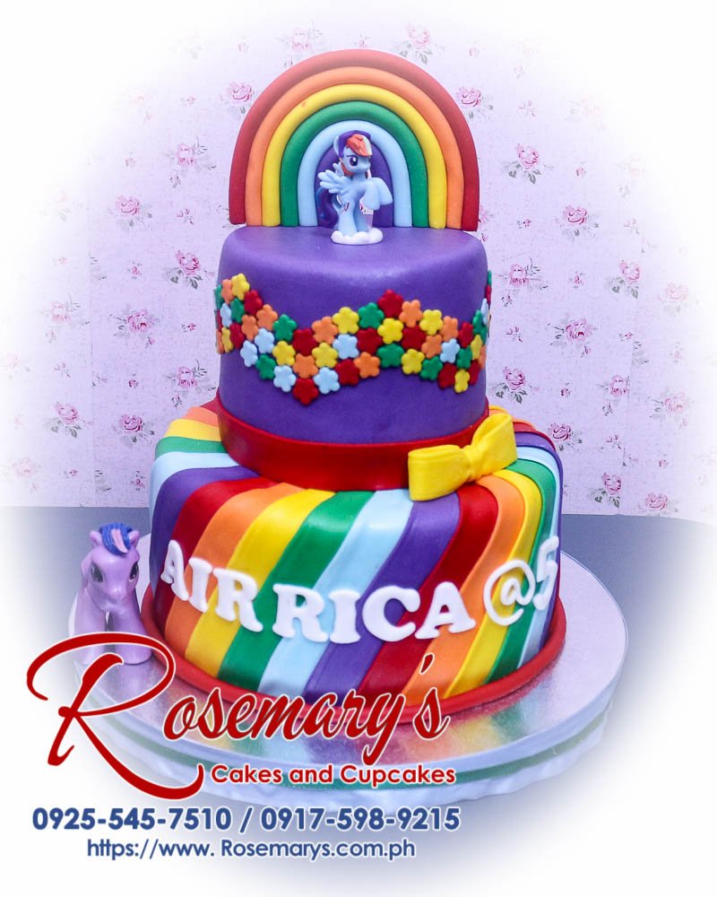 2 Layer My Little Pony Themed Cake for Air Rica Delicious 2-layer My Little Pony themed cake by Rosemary's Cakes, featuring vibrant rainbows and fun decorations. Contact: 0917-598-9215.