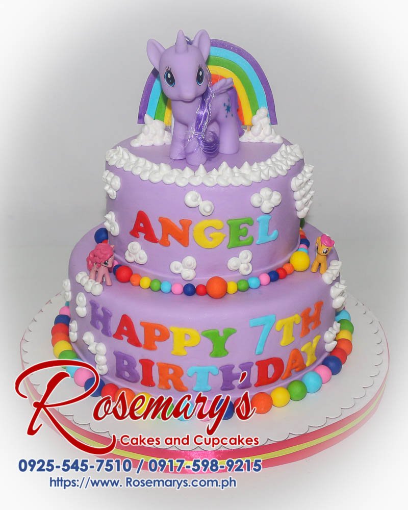 2 Layer My Little Pony Themed Cake for Angel Delicious two-tier My Little Pony cake with vibrant purple frosting and a rainbow mane. Order your custom cake from Rosemary's Cakes: 0925-545-7510