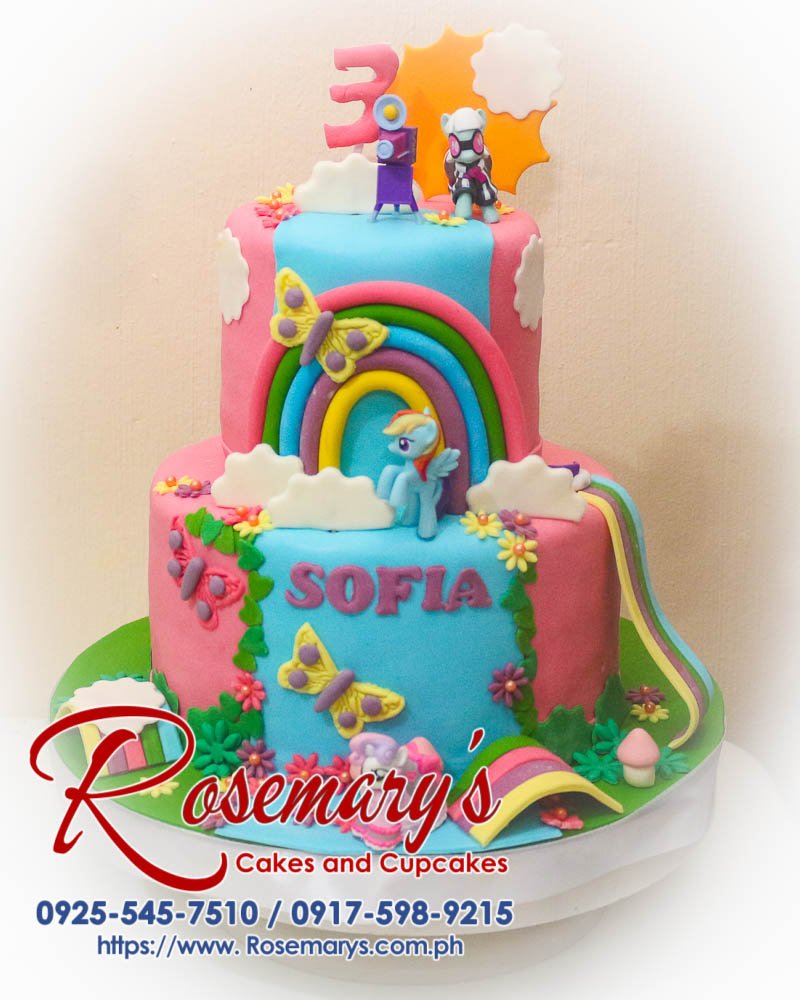 2 Layer My Little Pony Themed Cake for Sofia’s 3rd Birthday Delicious 2 layer My Little Pony themed cake with vibrant rainbows, perfect for a birthday celebration. Rosemary's Cakes, 0917-598-9215.