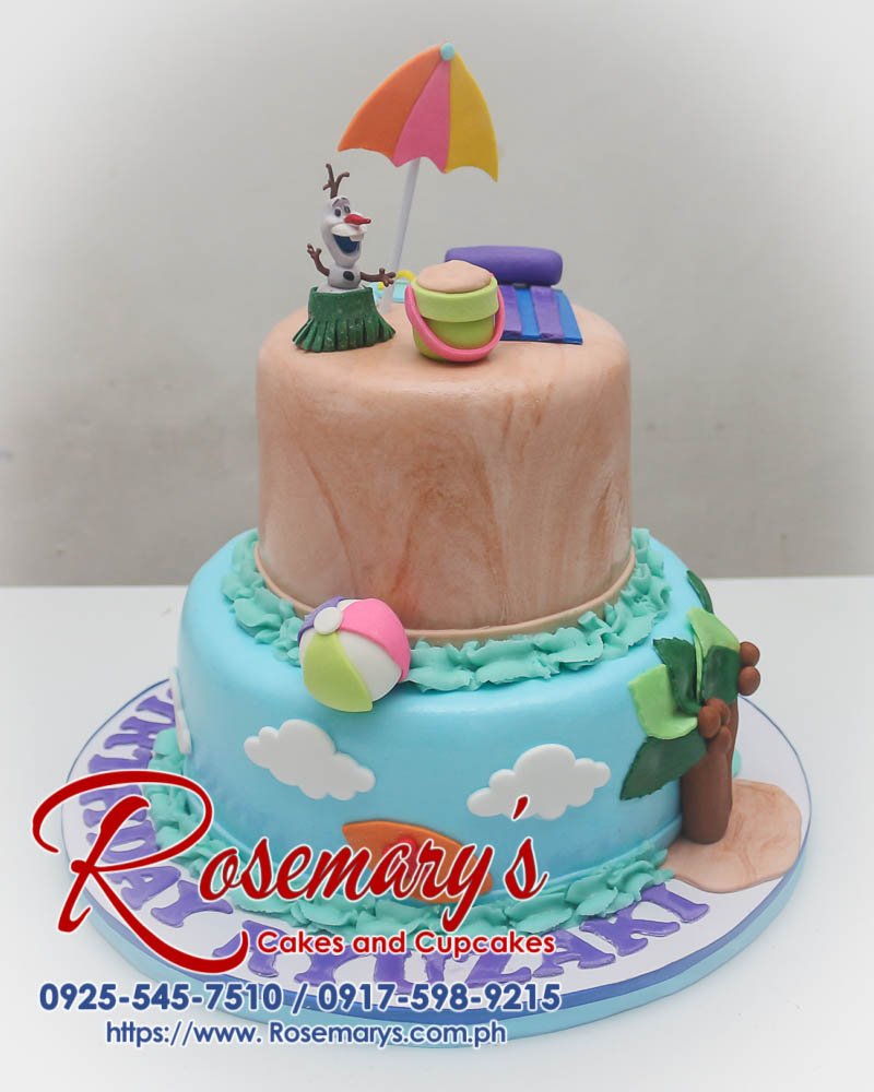 Two-tier blue and brown Olaf in Summer themed birthday cake. Made by Rosemary's Cakes. Call 0917-598-9215.