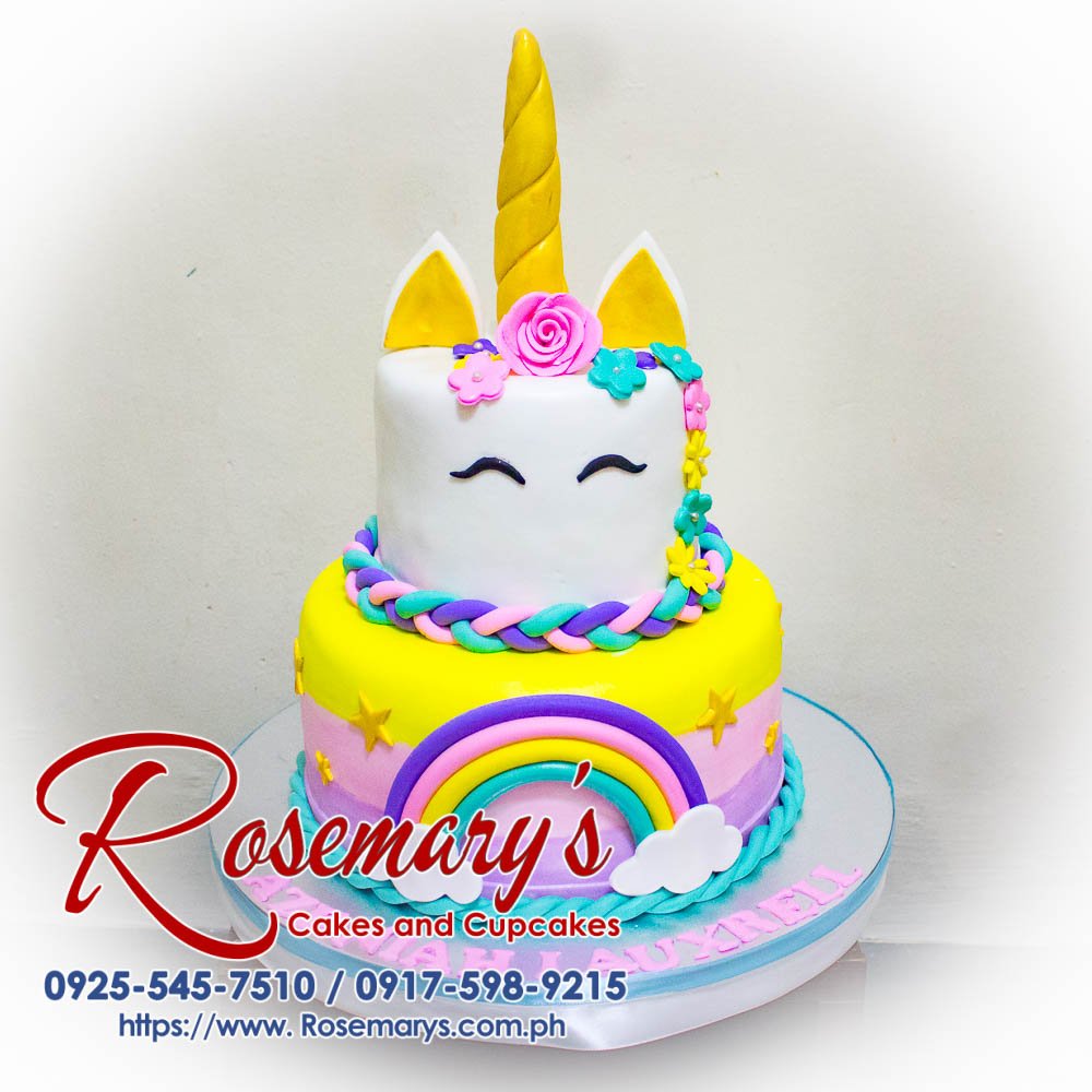 2 Layer Pastel Unicorn Cake for Azeniah Lauxrell Delicious 2-layer pastel unicorn cake with whimsical horn and rainbow mane. Order yours from Rosemary's Cakes: 0917-598-9215