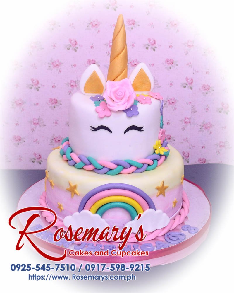 Delicious 2-layer pastel unicorn cake with rainbow accents and gold details, from Rosemary's Cakes. Contact: 0925-545-7510.