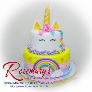 Delicious 2 layer pastel unicorn cake with rainbow colors and whimsical decorations. Order from Rosemary's Cakes 0925-545-7510.