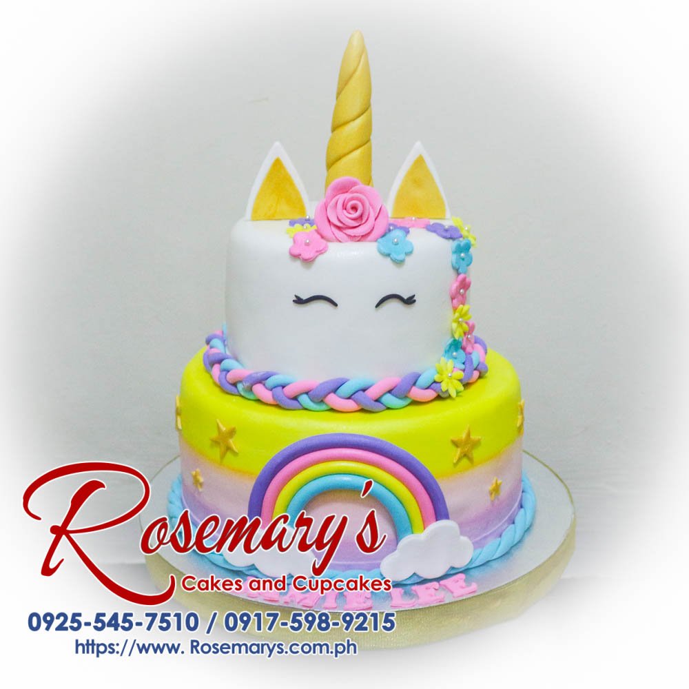 Delicious 2 layer pastel unicorn cake with rainbow colors and whimsical decorations. Order from Rosemary's Cakes 0925-545-7510.