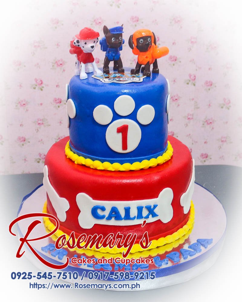 Delicious 2 layer Paw Patrol cake in vibrant blue and red, perfect for any themed celebration. Order from Rosemary's Cakes at 0917-598-9215.