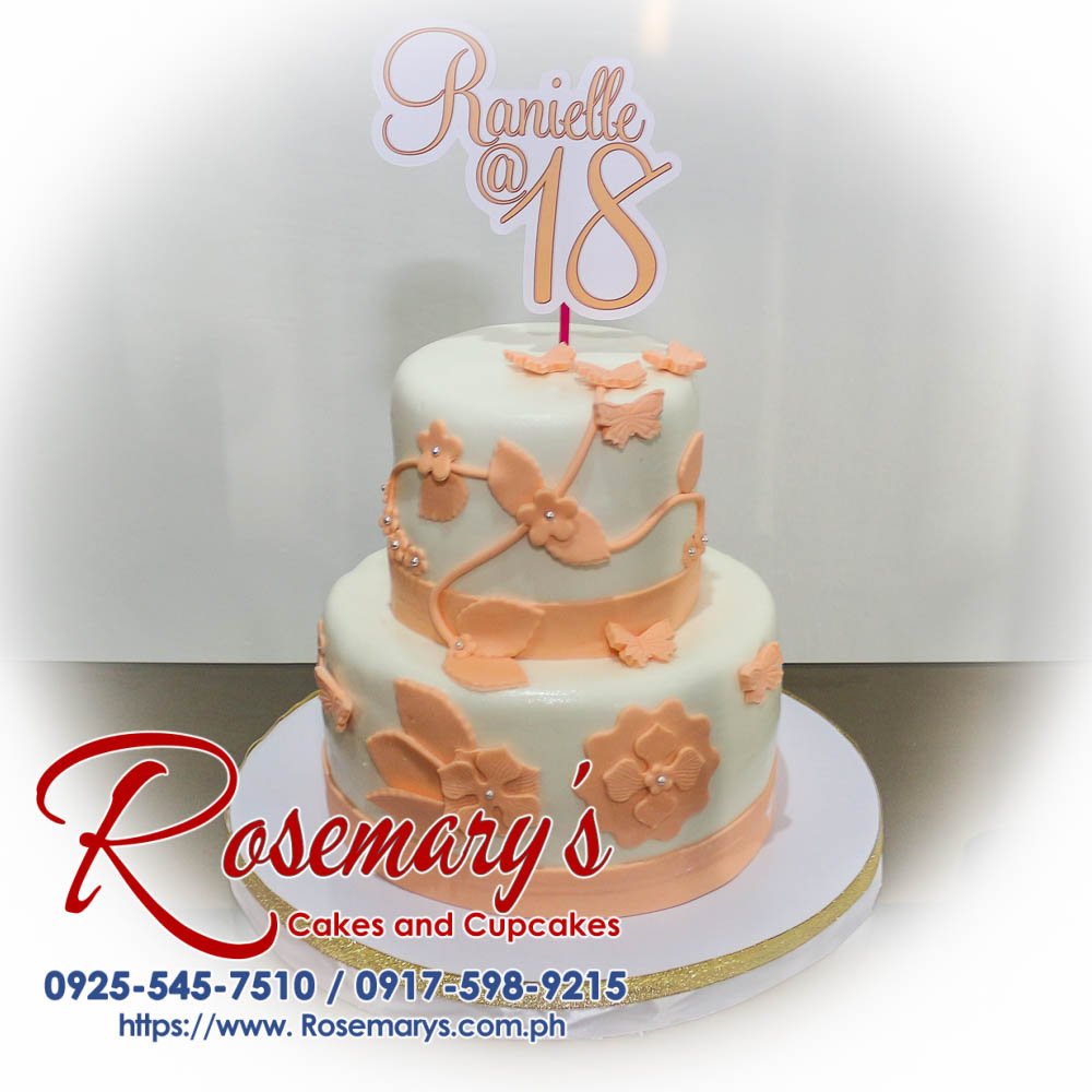 Delectable two-layer peach cake adorned with fresh peaches and delicate frosting swirls. Order your custom creations from Rosemary's Cakes! 0925-545-7510