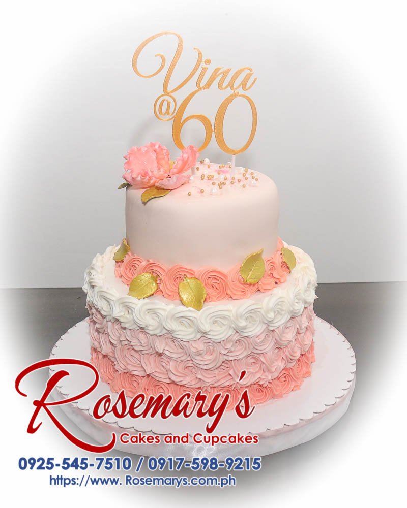 Elegant 2 layer peach and gold cake by Rosemary's Cakes, featuring 3D printed decorations. Contact: 0917-598-9215.