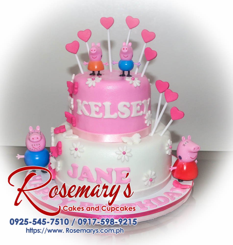 2 Layer Peppa Pig Cake for Kelsey Jane Delicious two-tier pink Peppa Pig birthday cake. Custom cakes by Rosemary's Cakes. Call 0925-545-7510.