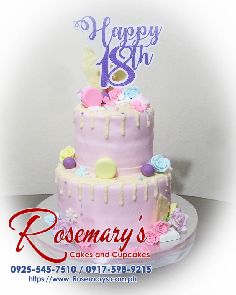 2 Layer Pink Drip Cake for Angel’s 18th Birthday Delicious 2 layer pink drip cake from Rosemary's Cakes, featuring pastel colors and elegant decorations. Contact: 0917-598-9215.