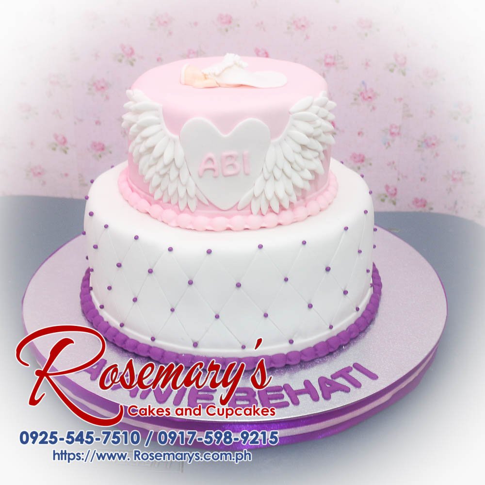 Delicious 2 layer pink and purple themed cake with angel decor from Rosemary's Cakes. Contact: 0925-545-7510.