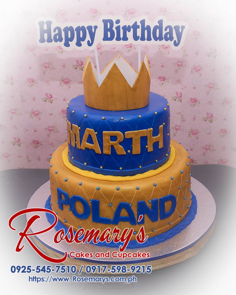 2 layer prince themed cake in blue and gold, showcasing delicious designs. Order from Rosemary's Cakes at 0917-598-9215.