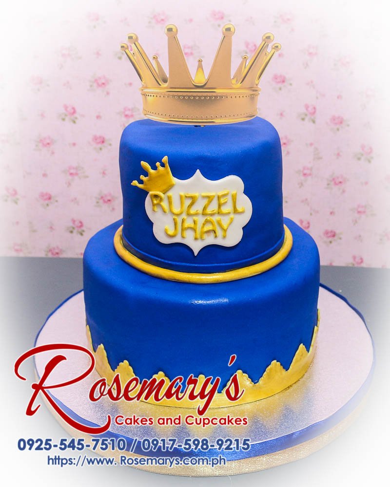 Delicious 2 layer blue prince themed cake adorned with a decorative crown. Order from Rosemary's Cakes, 0925-545-7510.