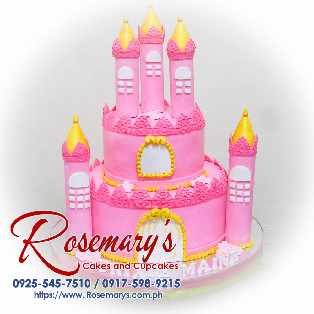 Two-layer pink princess castle themed cake with intricate decorations, perfect for any celebration. Order from Rosemary's Cakes, 0917-598-9215.