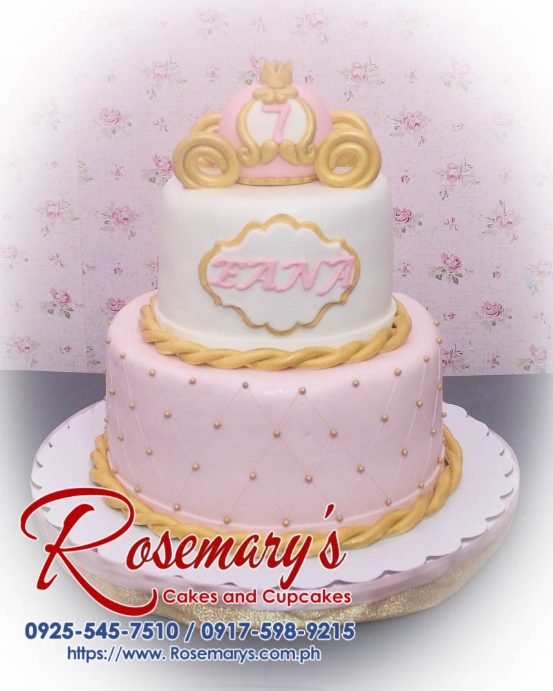 Delicious 2 layer princess-themed cake in gold and pink, perfect for celebrations. From Rosemary's Cakes, call 0917-598-9215.