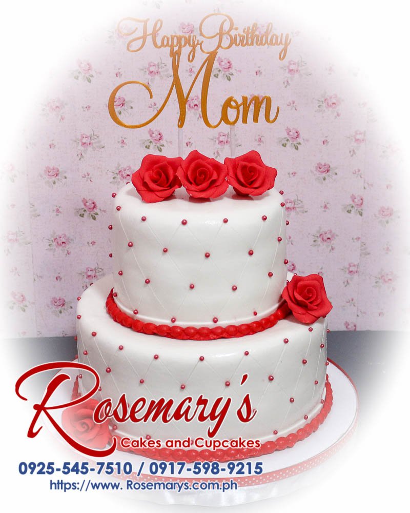 Delicious 2-layer red and white birthday cake with 3D printed topper, adorned with roses. From Rosemary's Cakes, call 0925-545-7510.