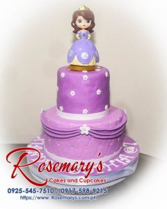 Delicious 2 layer Sophia the First themed cake in rich purple, decorated with whimsical designs. Order from Rosemary's Cakes, 0917-598-9215.