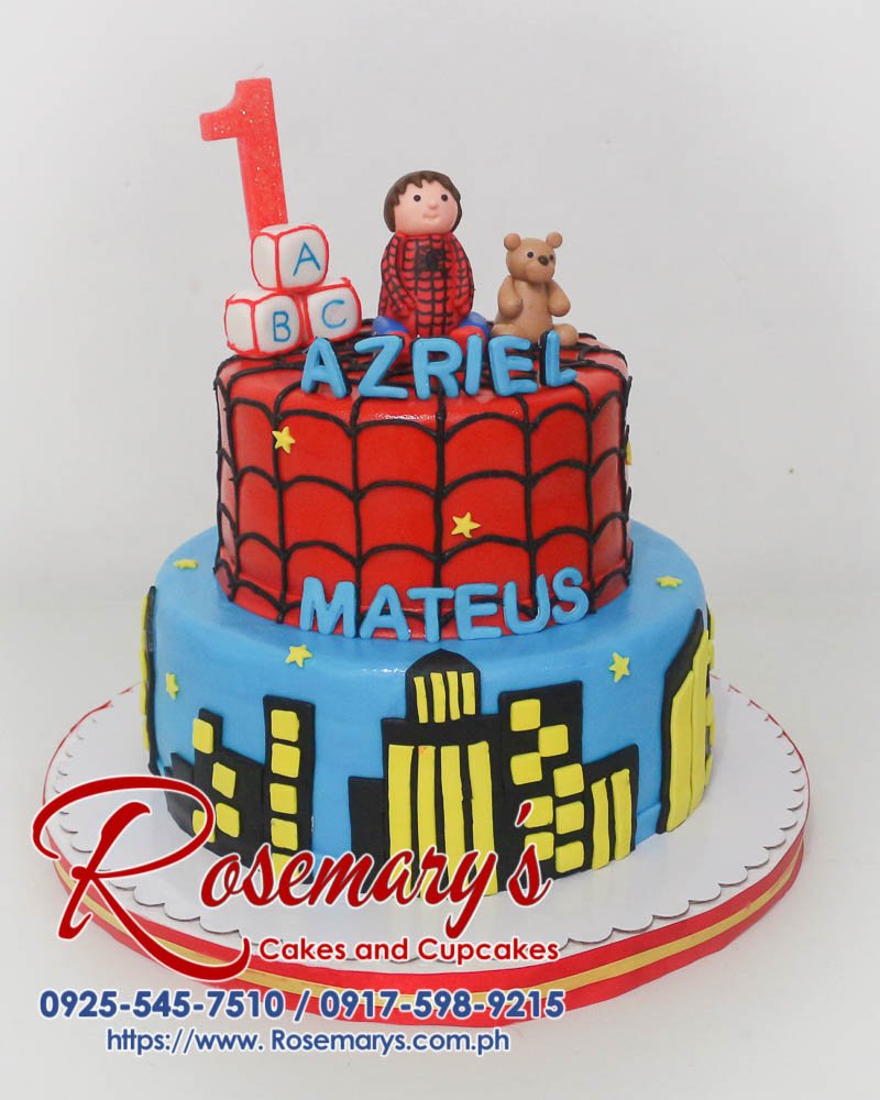 Delicious two-tier Spiderman themed cake with a fondant Spiderman topper. Order your custom cake from Rosemary's Cakes! Call 0917-598-9215.