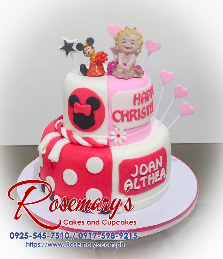 2 Layer Split Cake for Joan Althea’s Birthday and Christening Two-layer pink Minnie Mouse cake perfect for a baptism or christening celebration. Order yours from Rosemary's Cakes: 0917-598-9215.