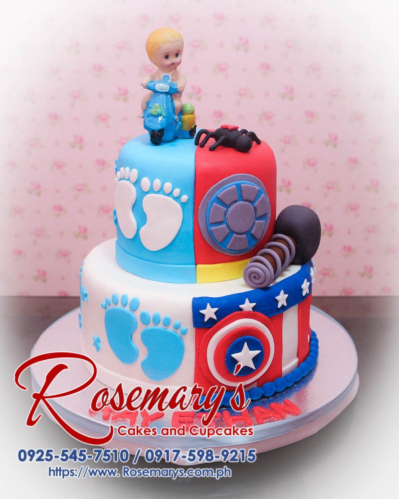 Delicious 2 layer split cake from Rosemary's Cakes, featuring Avengers theme with Captain America, Thor, and Ironman. Call 0925-545-7510.
