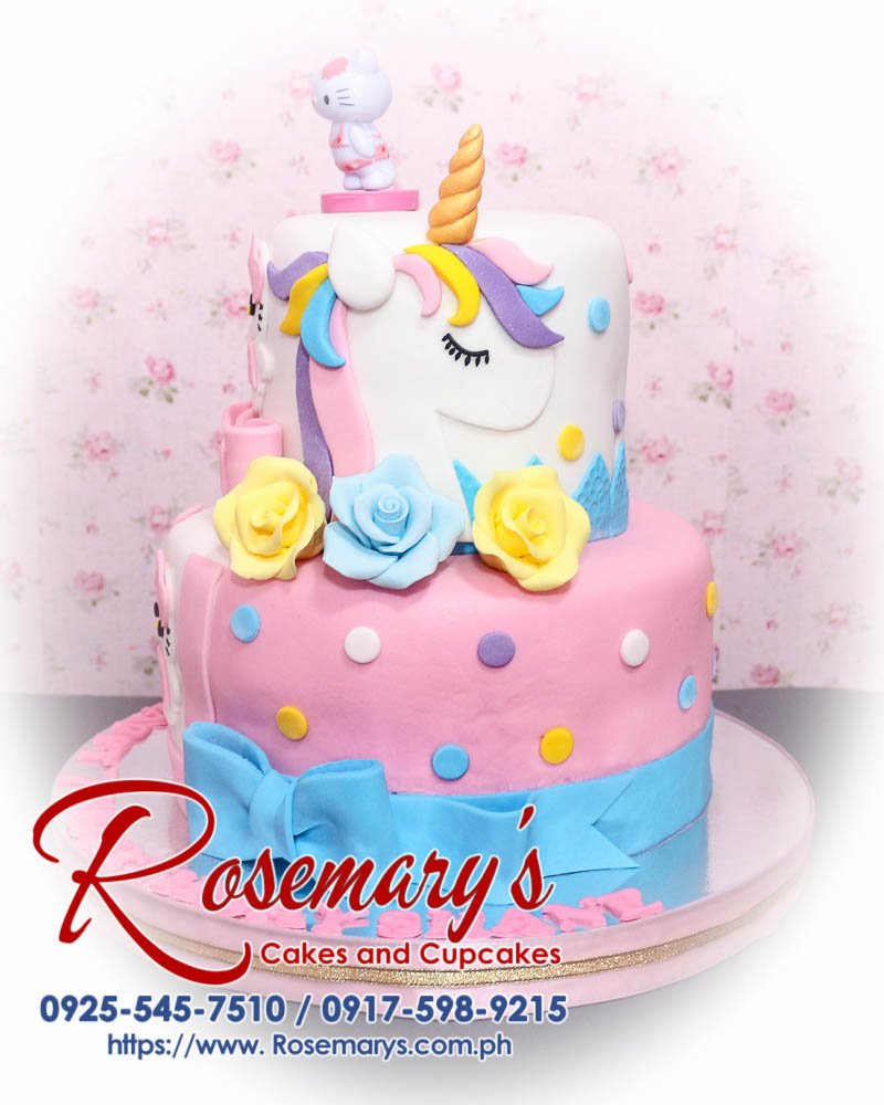 2 Layer Split Unicorn and Hello Kitty Themed Cake for Shane Delicious 2 layer split cake featuring pink unicorn and Hello Kitty themes from Rosemary's Cakes. Contact 0917-598-9215.