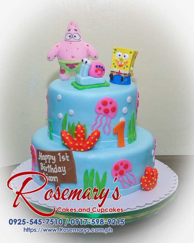 Delicious 2-tier SpongeBob themed cake with vibrant yellow frosting and fondant details. Order your custom cake from Rosemary's Cakes! Call 0925-545-7510.