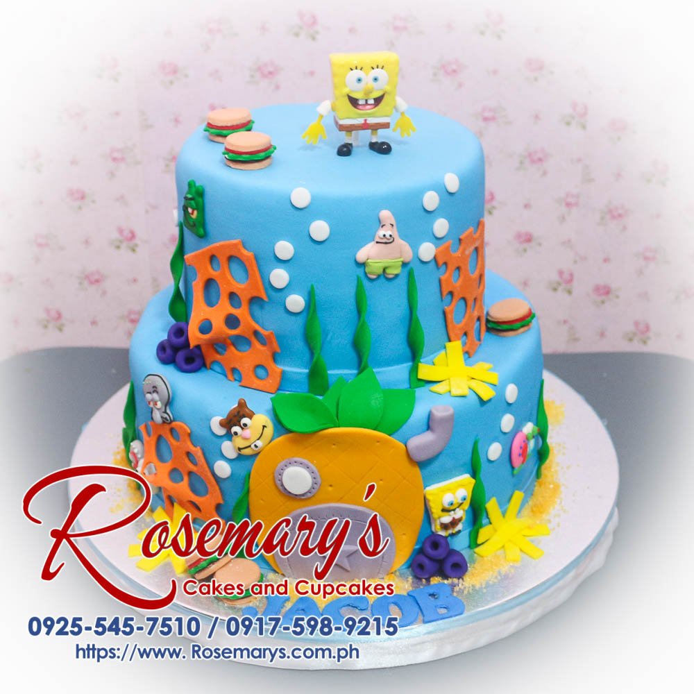 2 Layer Spongebob Themed Cake for Jacob Delicious 2 layer Spongebob themed cake featuring Bikini Bottom decor in vibrant blue. Order from Rosemary's Cakes, 0925-545-7510.