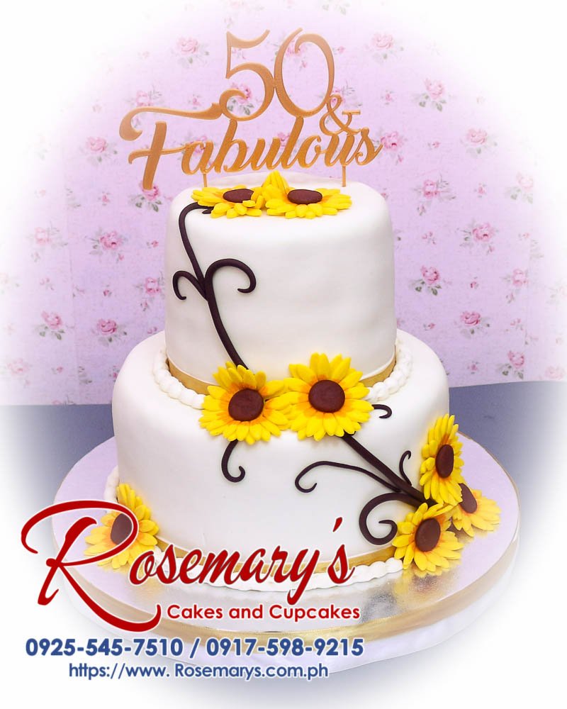 2 layer sunflower themed cake with gold accents, 3D printed details, perfect for celebrating 50 and fabulous occasions. Rosemary's Cakes, 0917-598-9215.
