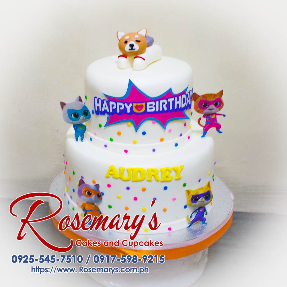 Two-layer Super Kitties themed cake by Rosemary's Cakes, perfect for birthdays or anniversaries. Call 0925-545-7510.