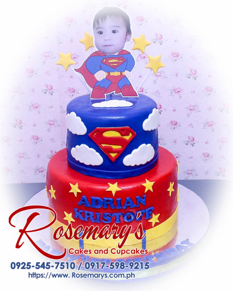 2 Layer Superman Themed Cake for Adrian Kristoff Delicious 2 layer Superman themed cake in blue and red, crafted by Rosemary's Cakes. Contact: 0917-598-9215.