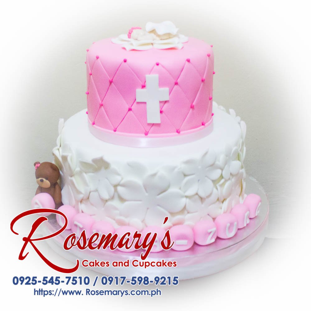 Delicious 2 layer pink teddy bear themed cake by Rosemary's Cakes, perfect for christenings. Contact 0917-598-9215.