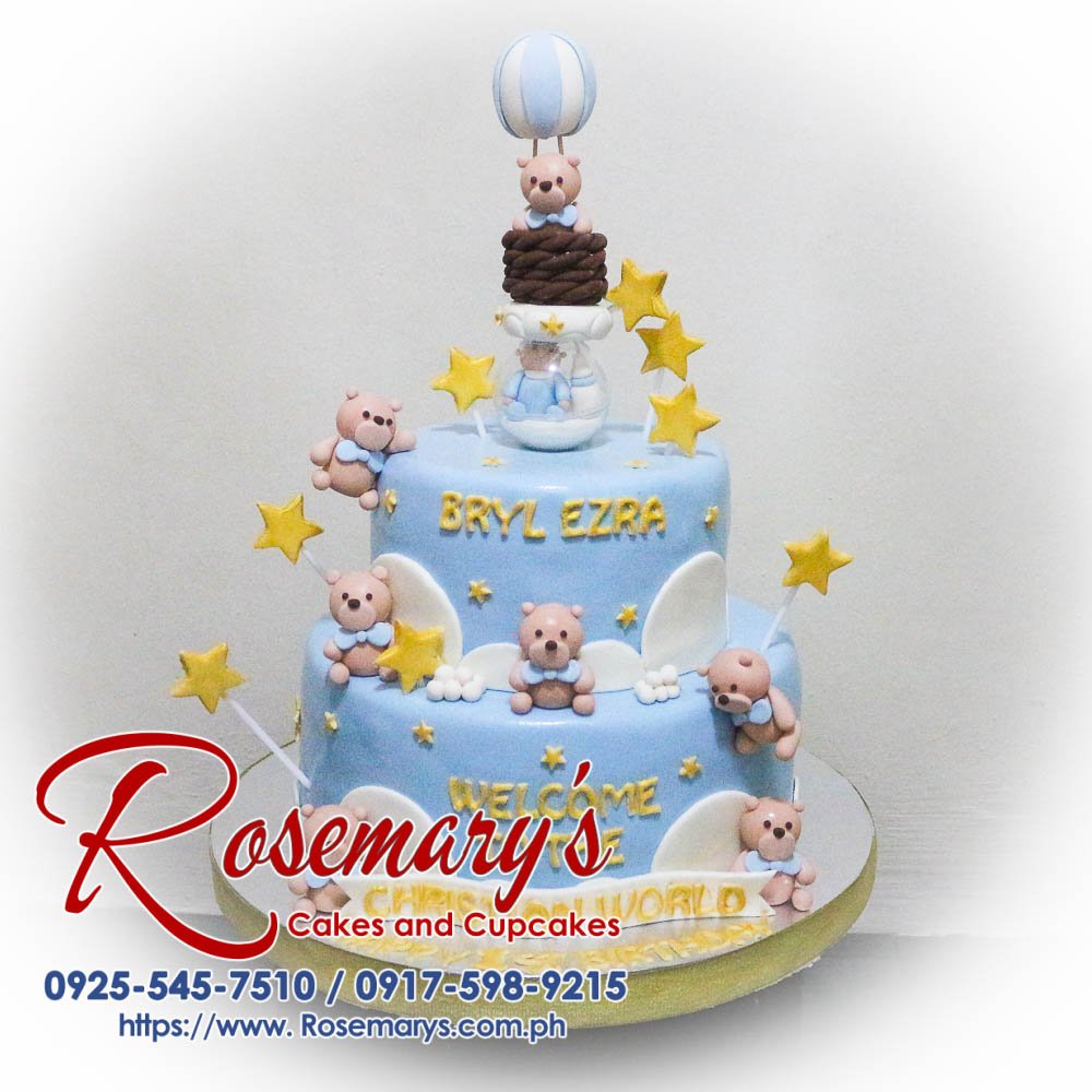 2 Layer Teddy Bear Themed Cake for Bryl Ezra’s Christening Delicious 2 layer teddy bear themed cake with hot air balloon details, perfect for christenings. Order from Rosemary's Cakes at 0917-598-9215.