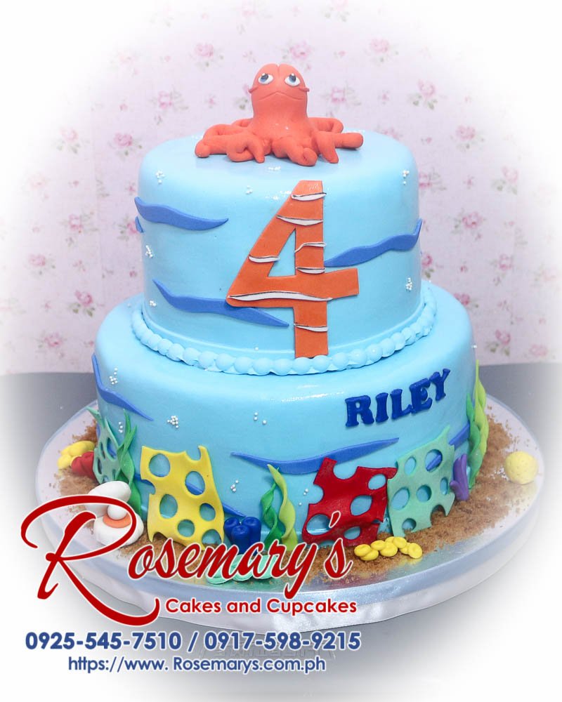2 Layer Under The Sea Cake for Riley’s 4th Birthday Delicious 2 layer under the sea cake featuring vibrant blue colors and an adorable octopus. Order from Rosemary's Cakes: 0925-545-7510.