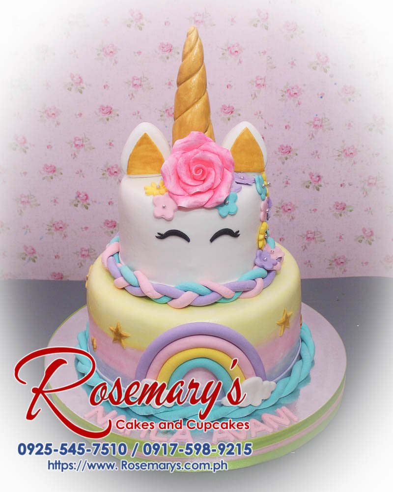 2 Layer Unicorn Cake for Nahla Avani Delicious 2 layer unicorn cake with pastel rainbow colors, gold accents, perfect for themed celebrations. By Rosemary's Cakes, 0925-545-7510.