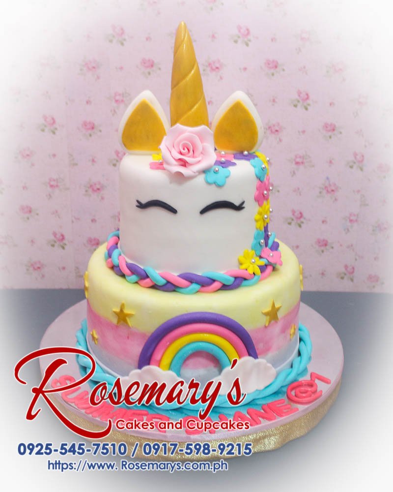 2 Layer Unicorn Cake for Summer Shane Delicious 2-layer unicorn cake with gold accents and rainbow details from Rosemary's Cakes. Contact: 0917-598-9215.