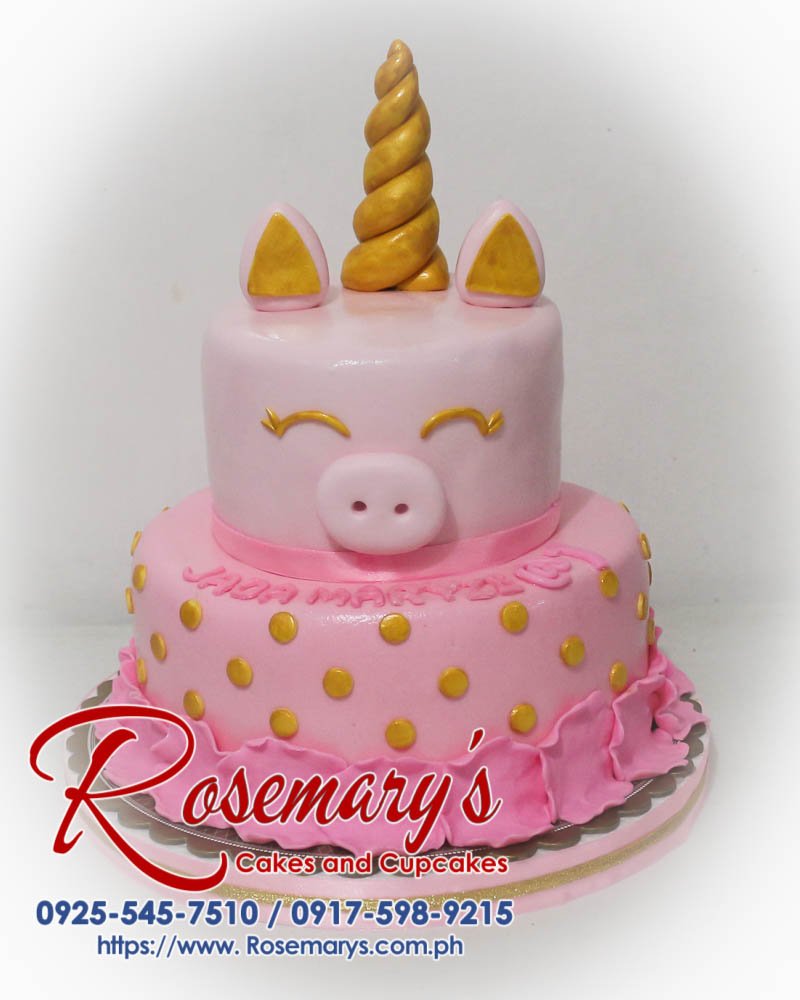 Delicious 2-tier pink unicorn cake with intricate frosting details. Order yours from Rosemary's Cakes: 0925-545-7510