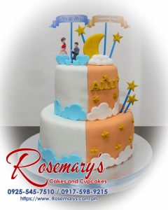 Two-layer wedding and christening split cake with elegant blue and gold details, a delicious treat from Rosemary's Cakes. Call 0917-598-9215.
