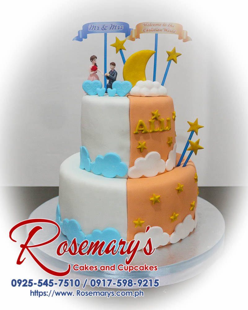 2 Layer Wedding and Christening Split Cake Two-layer wedding and christening split cake with elegant blue and gold details, a delicious treat from Rosemary's Cakes. Call 0917-598-9215.
