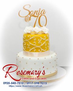 Two-layer white and gold themed cake, elegantly designed with 3D printed details. Delicious treat from Rosemary's Cakes! 0925-545-7510.