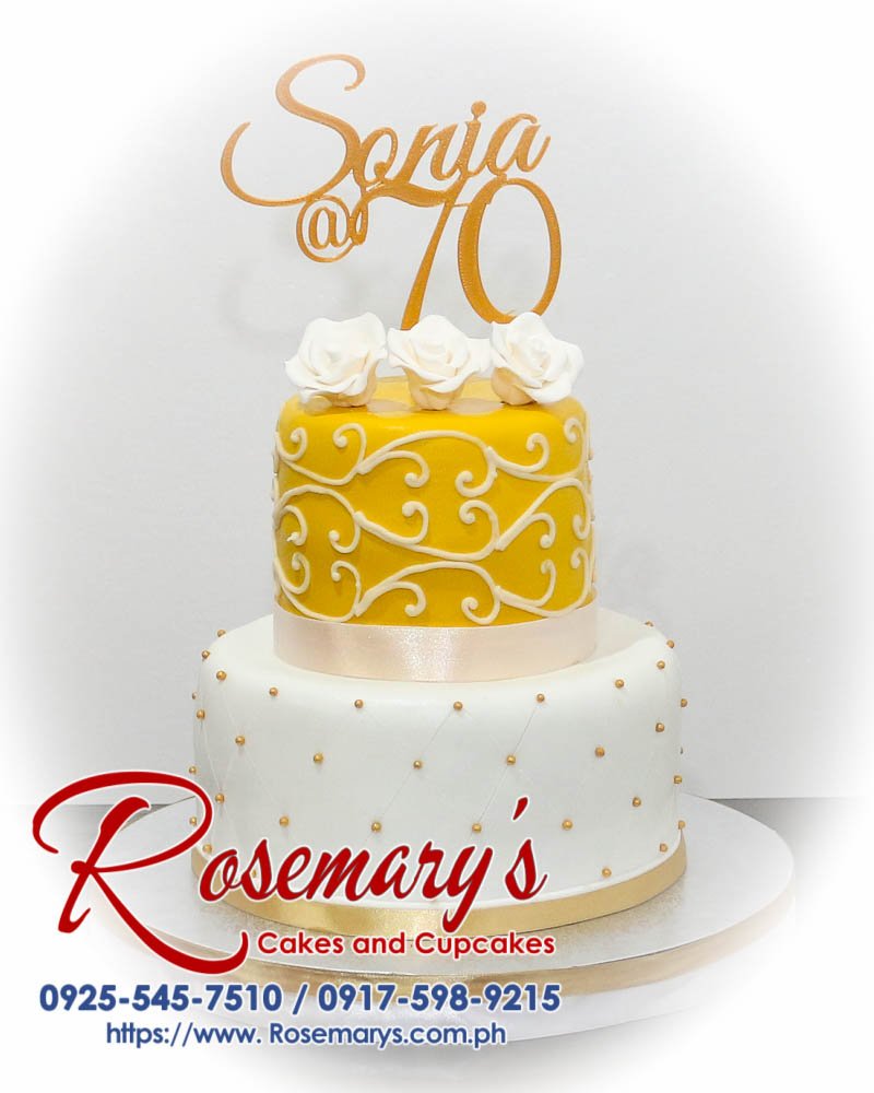 Two-layer white and gold themed cake, elegantly designed with 3D printed details. Delicious treat from Rosemary's Cakes! 0925-545-7510.