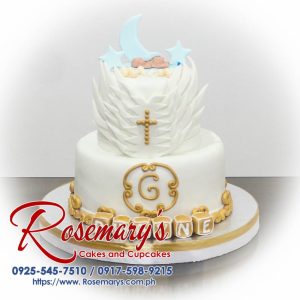 Elegant 2 layer white and gold cake by Rosemary's Cakes, perfect for celebrations. Contact: 0925-545-7510.