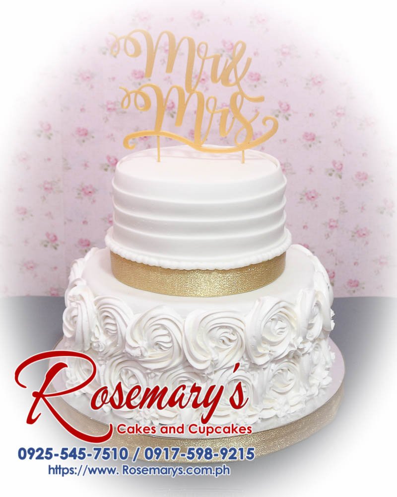 Elegant 2-layer white and gold wedding cake featuring 3D printed 