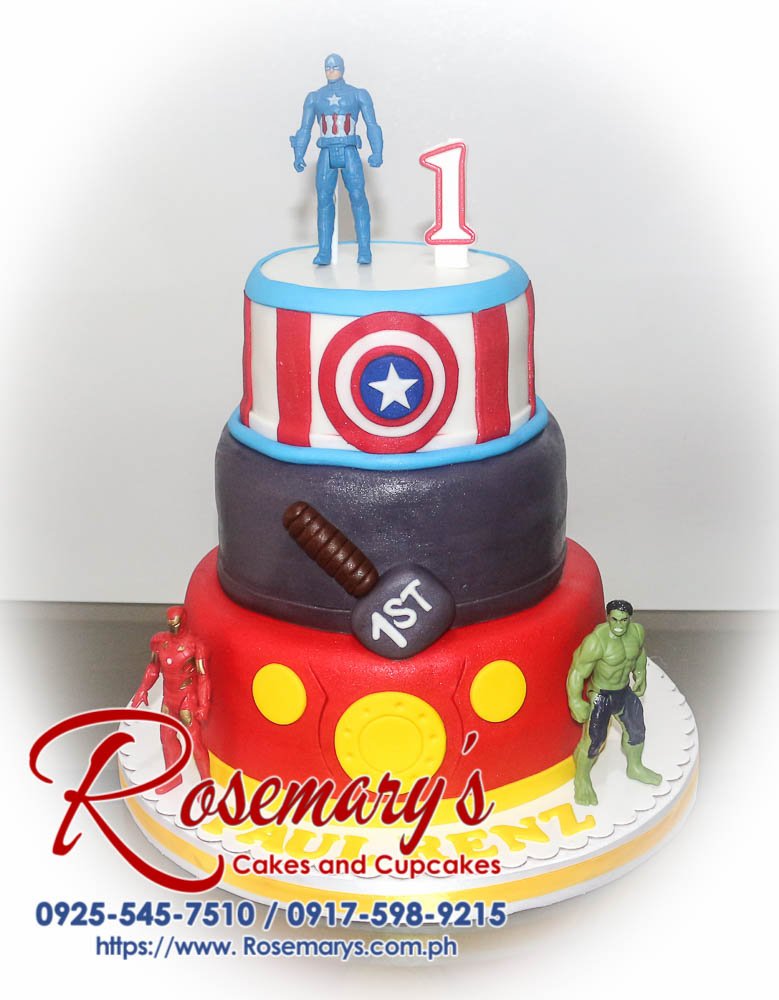 Three-tier Avengers cake with intricate fondant details of Captain America, Hulk, and Iron Man. Order your custom cake from Rosemary's Cakes: 0917-598-9215.