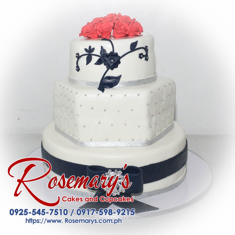 Delicious 3-tier wedding cake with black, white, and red tiers. Order your custom cake from Rosemary's Cakes: 0917-598-9215.