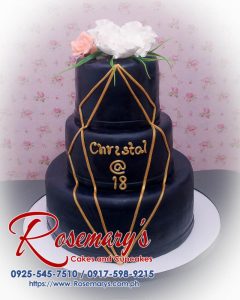 Three-layer black and gold themed cake, beautifully decorated and delicious, by Rosemary's Cakes. Contact: 0925-545-7510.