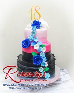 Delicious 3 layer black and pink themed cake from Rosemary's Cakes, perfect for any celebration. Contact 0917-598-9215.