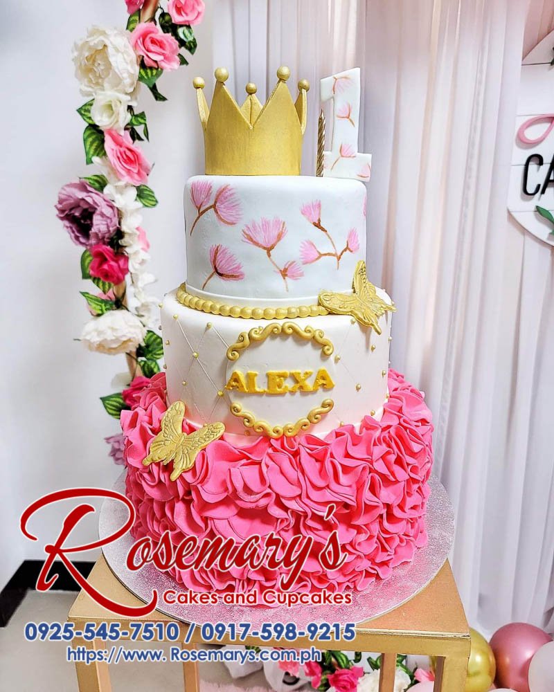 3 Layer Cake for Alexa Cassandra Three-layer pink and gold princess-themed cake with delicate details. Order your custom cake from Rosemary's Cakes: 0925-545-7510