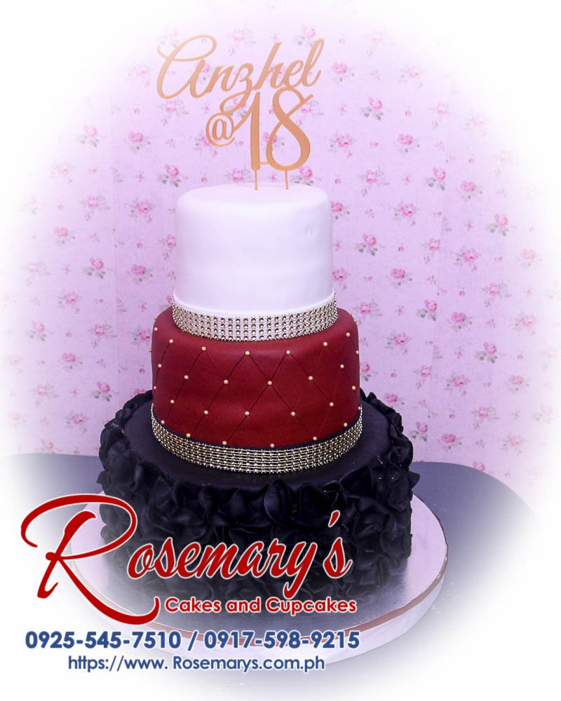 Decadent 3-layer cake by Rosemary's Cakes, featuring black and brown 3D printed designs, perfect for themed celebrations. Contact: 0925-545-7510.