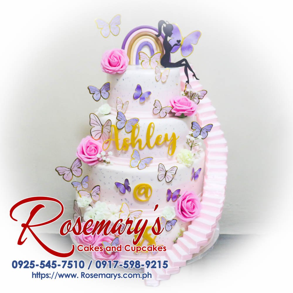 3 Layer Cake for Ashley’s 18th Birthday Delicious pink 3-layer cake with 3D printed butterflies and elegant silhouettes, perfect for celebrations. Rosemary's Cakes, 0925-545-7510.
